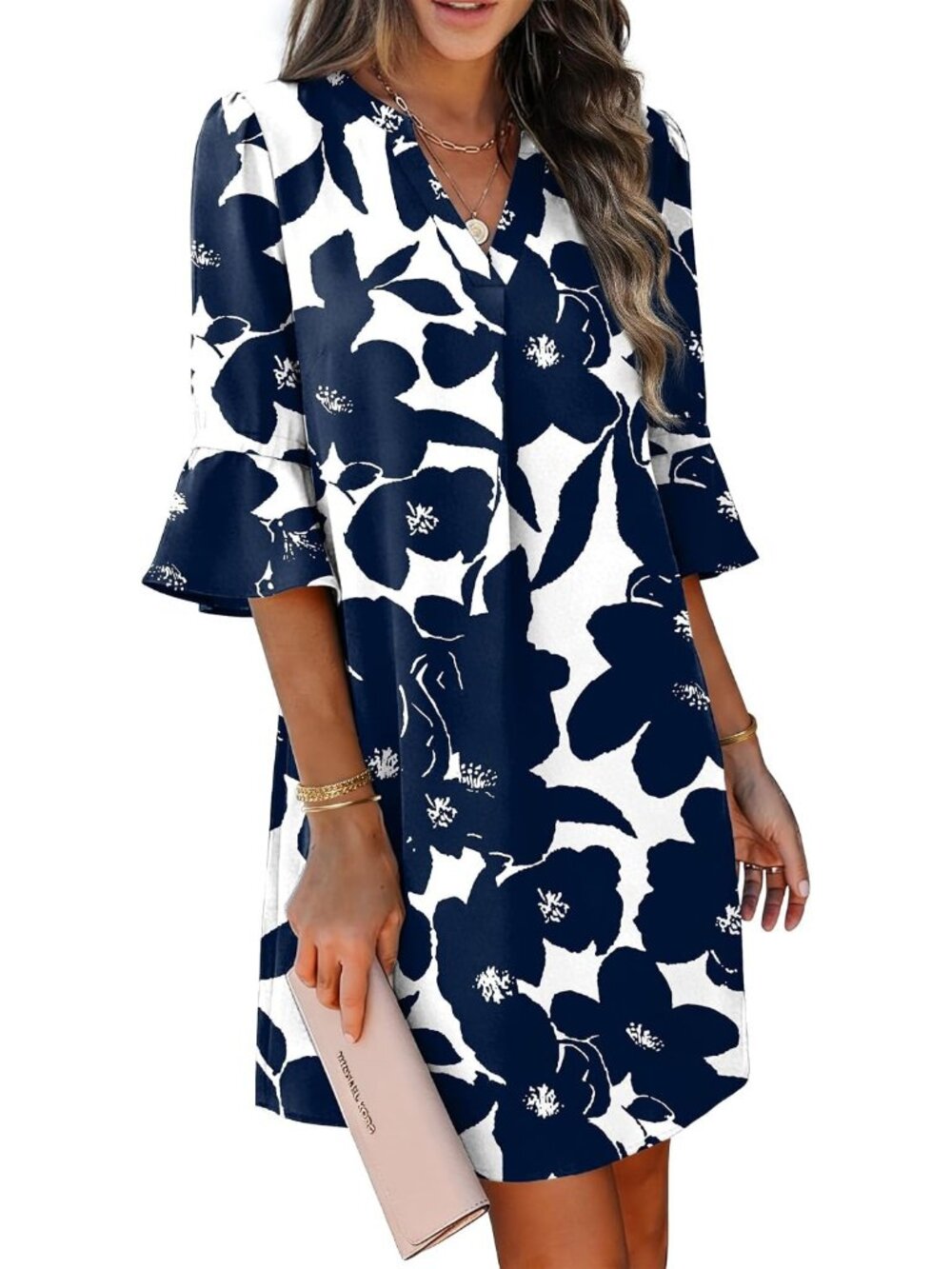 〽️Women's Navy Sunflower Floral Shift Dress V Neck Ruffle Sleeve Summer Pockets